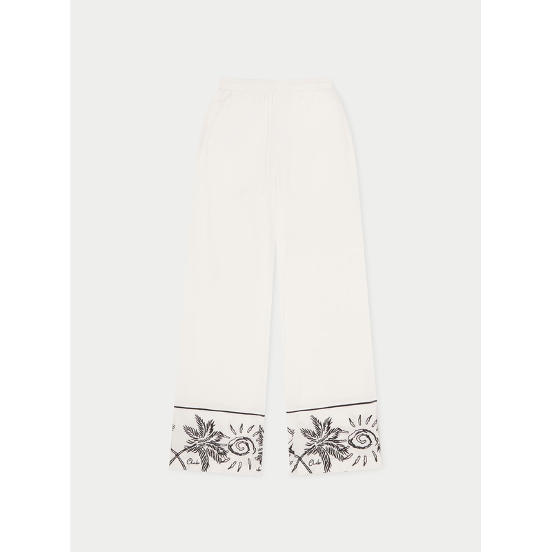 PALM EMBROIDERY WIDE LEG TROUSERS – WHITE