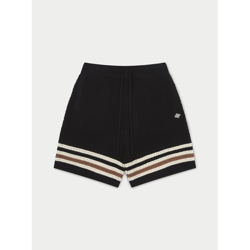 STRIPE TRIM CROCHET KNITTED SHORTS – BLACK