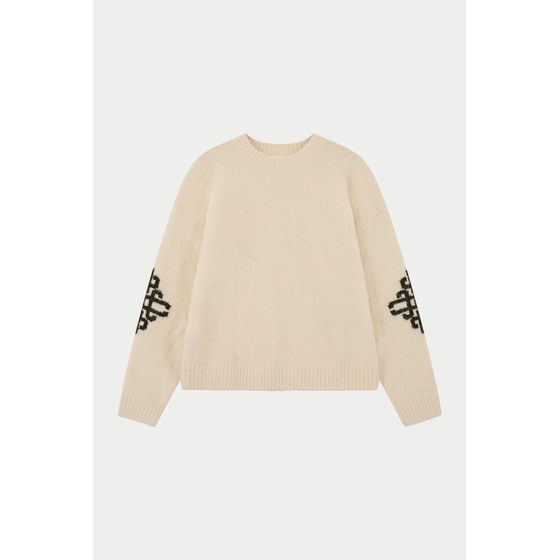 BRUSHED EMBLEM SLEEVE KNITTED CREW – BEIGE