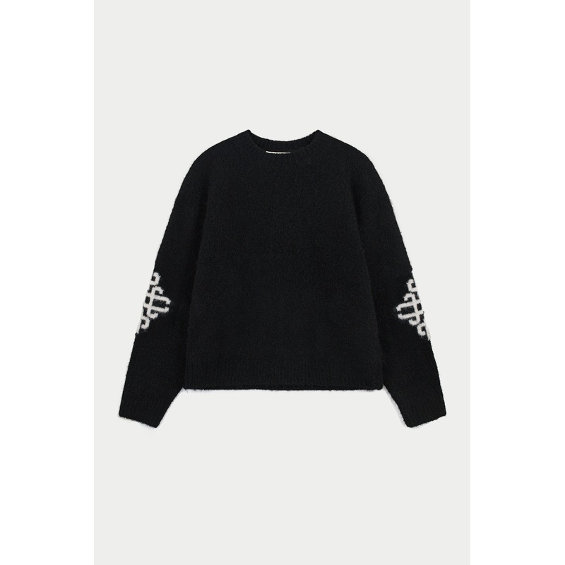 BRUSHED EMBLEM SLEEVE KNITTED CREW – BLACK