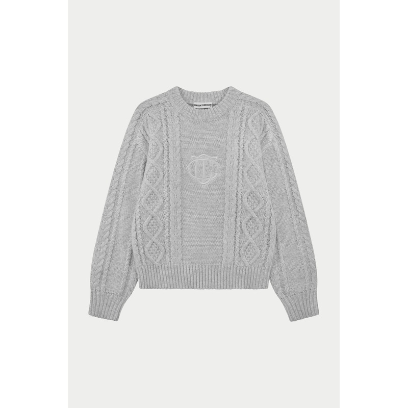 CABLE KNIT EMBROIDERED EMBLEM JUMPER – GREY MARL