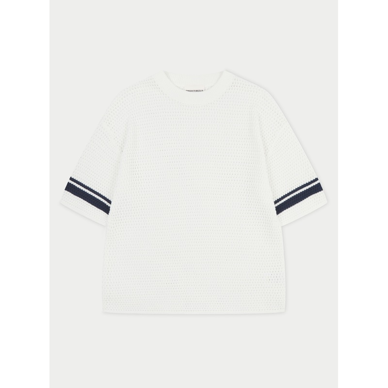 CROCHET KNITTED CONTRAST STRIPE T-SHIRT – WHITE