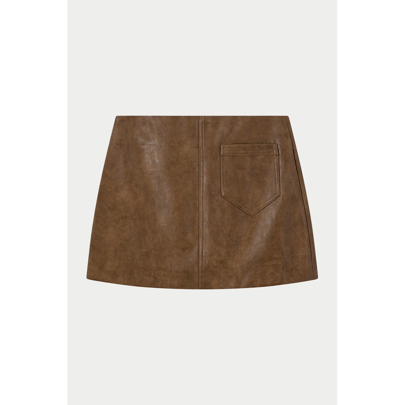 DISTRESSED FAUX LEATHER MINI SKIRT – BROWN