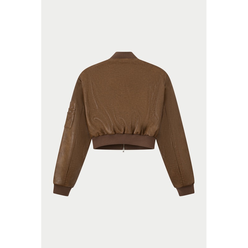 DISTRESSED FAUX LEATHER SHOULDER PADDED BOMBER JACKET – BROWN