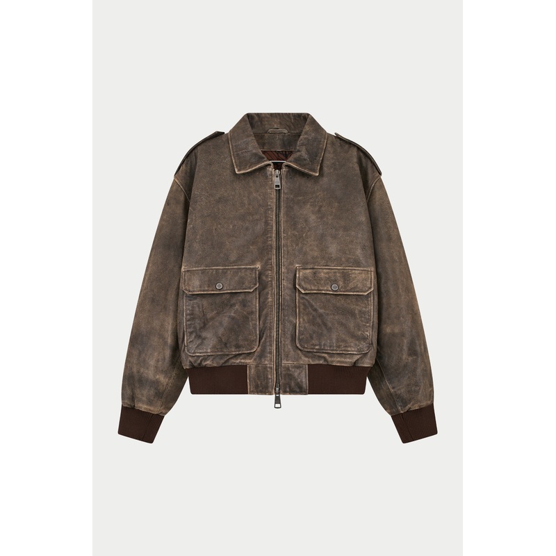DISTRESSED LEATHER BOMBER JACKET – BROWN