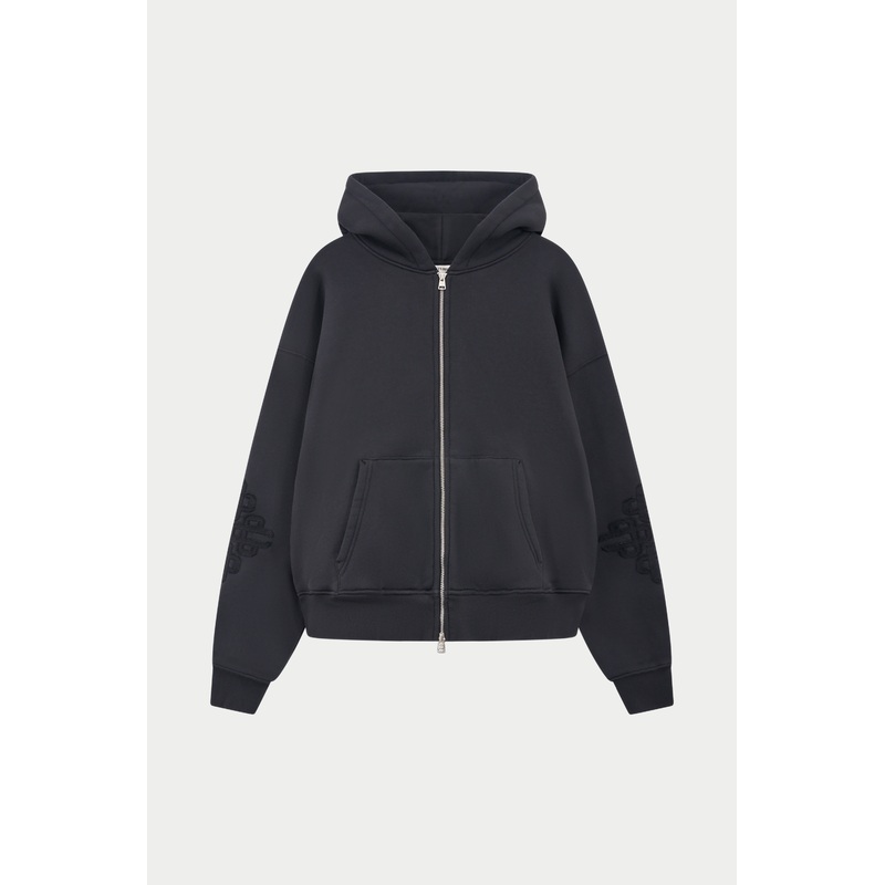 EMBLEM APPLIQUE ZIP THROUGH HOODIE – BLACK