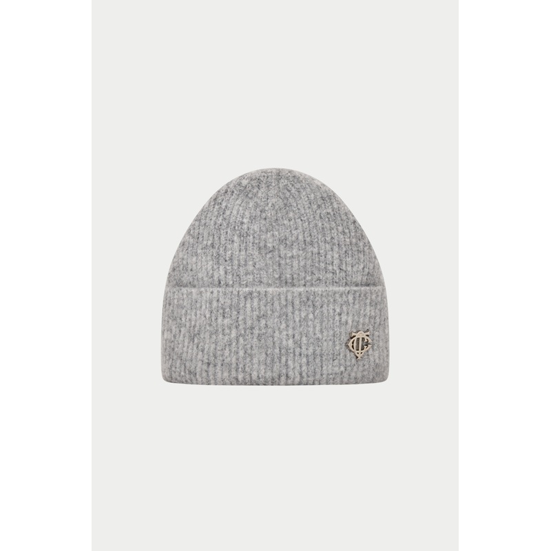 FLUFFY KNIT MONOGRAM PIN BADGE BEANIE – GREY