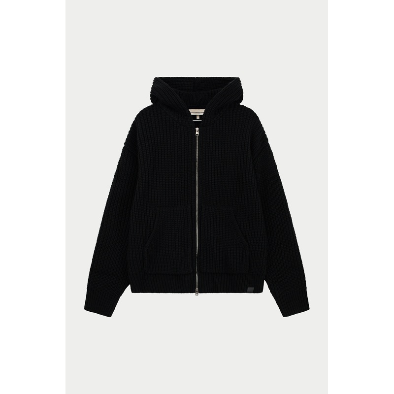 JUMBO RIB KNITTED ZIP THROUGH HOODIE – BLACK