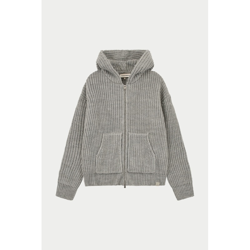 JUMBO RIB KNITTED ZIP THROUGH HOODIE – GREY MARL