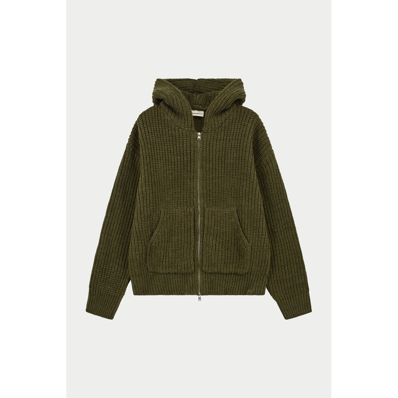 JUMBO RIB KNITTED ZIP THROUGH HOODIE – KHAKI