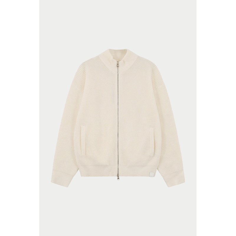 WAFFLE KNIT FUNNEL NECK ZIP THROUGH – WHITE