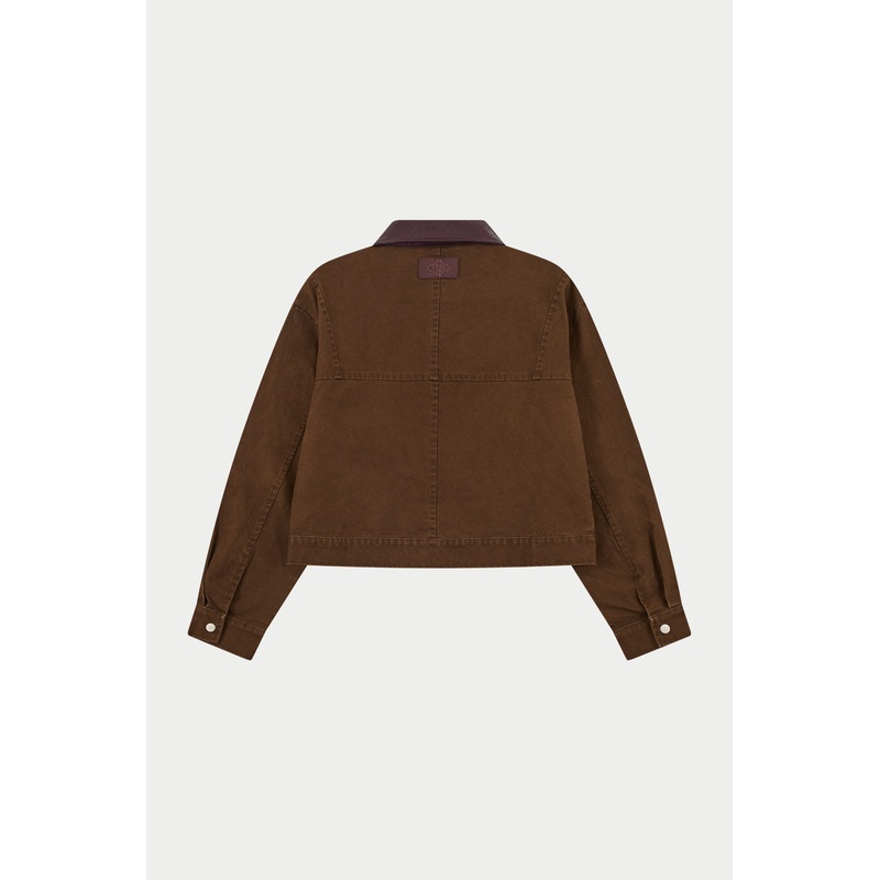 WASHED CONTRAST COLLAR TRUCKER JACKET – CHOCOLATE