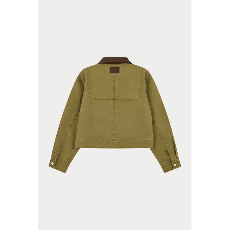 WASHED CONTRAST COLLAR TRUCKER JACKET – KHAKI