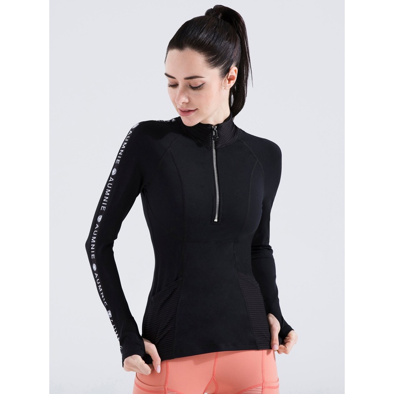 HALF ZIP LOGO TOP, BLACK|XS|S|M|L|BLACK