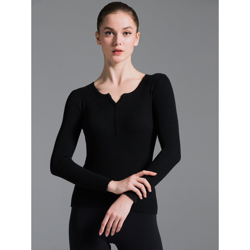 RIBBED HENLEY TEE, BLACK