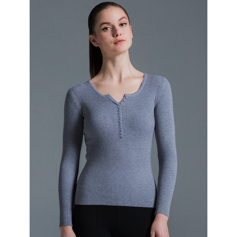 RIBBED HENLEY TEE, GREY