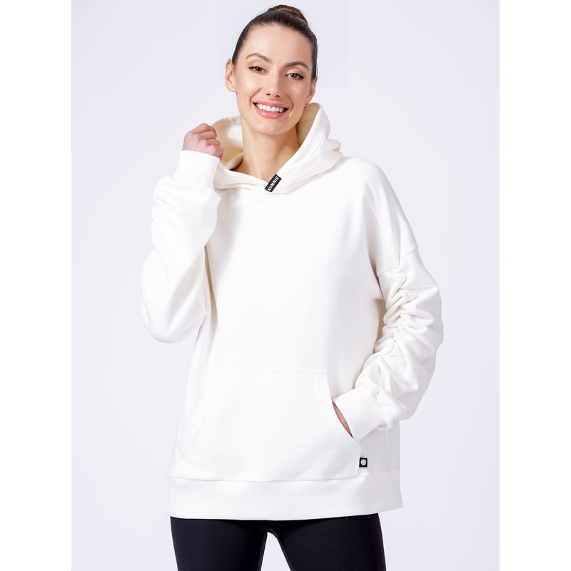 RUCHED RUNWAY HOODIE, WHITE|XS|S|M|L