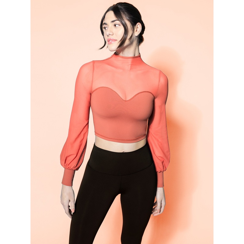 MESH ILLUSION PUFF SLEEVE CROP TOP, MAPLE/MAPLE MESH