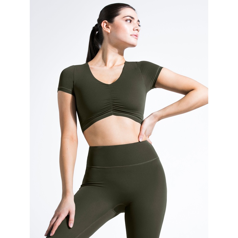 RUCHED NUDE TEE, DARK GREEN|XS|S|M|L