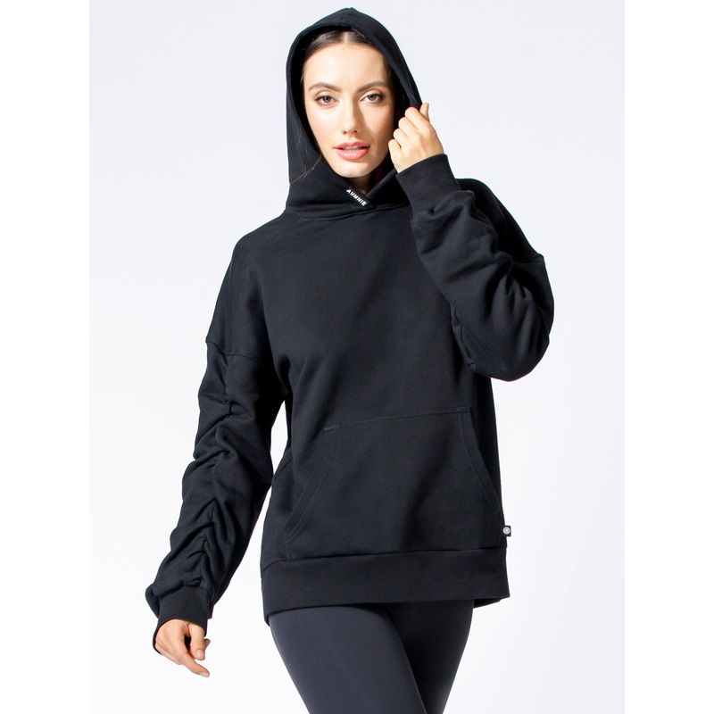 RUCHED RUNWAY HOODIE, BLACK|XS|S|M|L