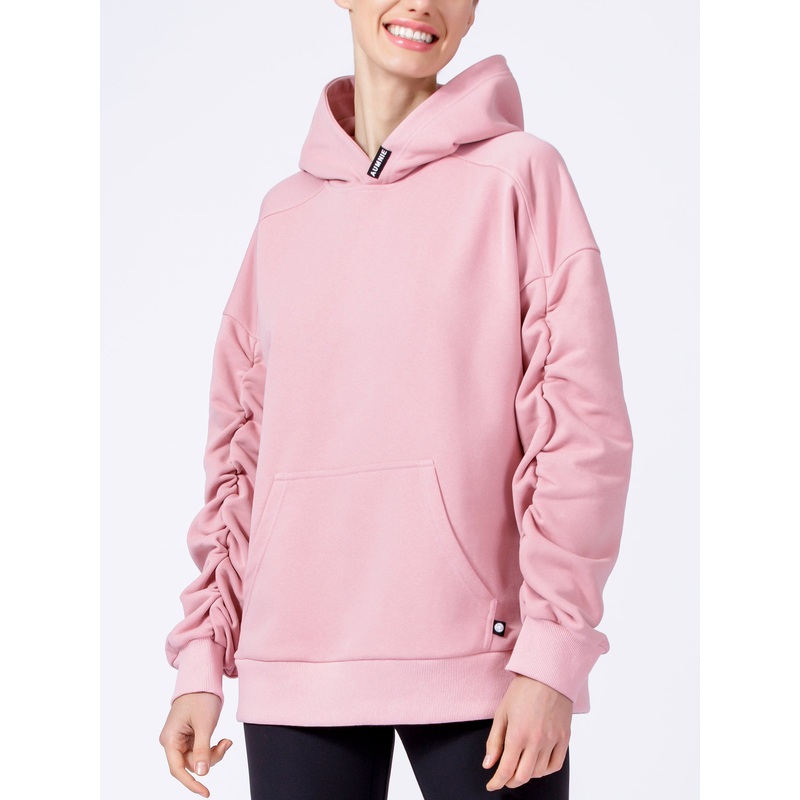 RUCHED RUNWAY HOODIE, PINK|XS|S|M|L