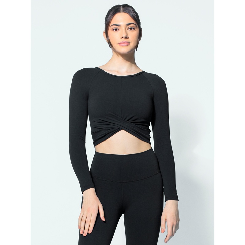 NUDE FRONT WRAP LONG SLEEVE TEE, BLACK
