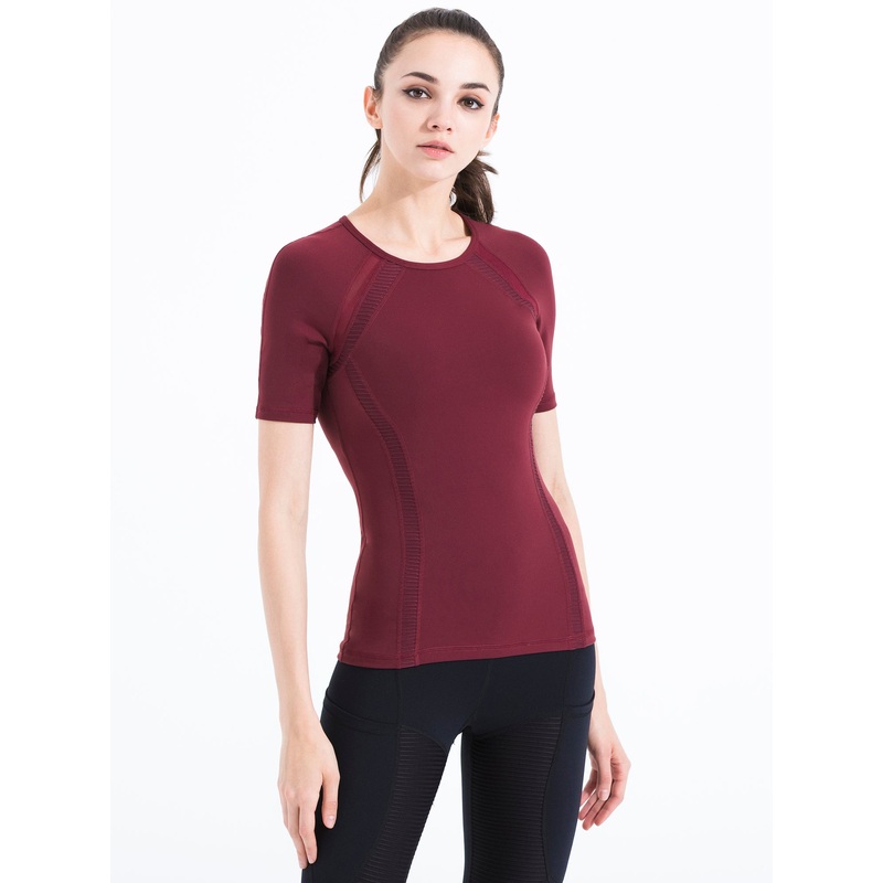 PLEATED MESH TEE, BORDEAUX|XS|S|M|L|BORDEAUX
