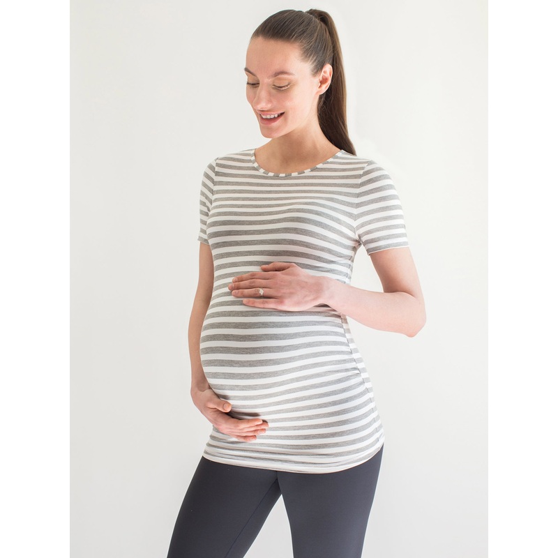 MATERNITY SOFT STRETCH SHORT SLEEVE TEE, LIGHT HEATHER GREY STRIPE