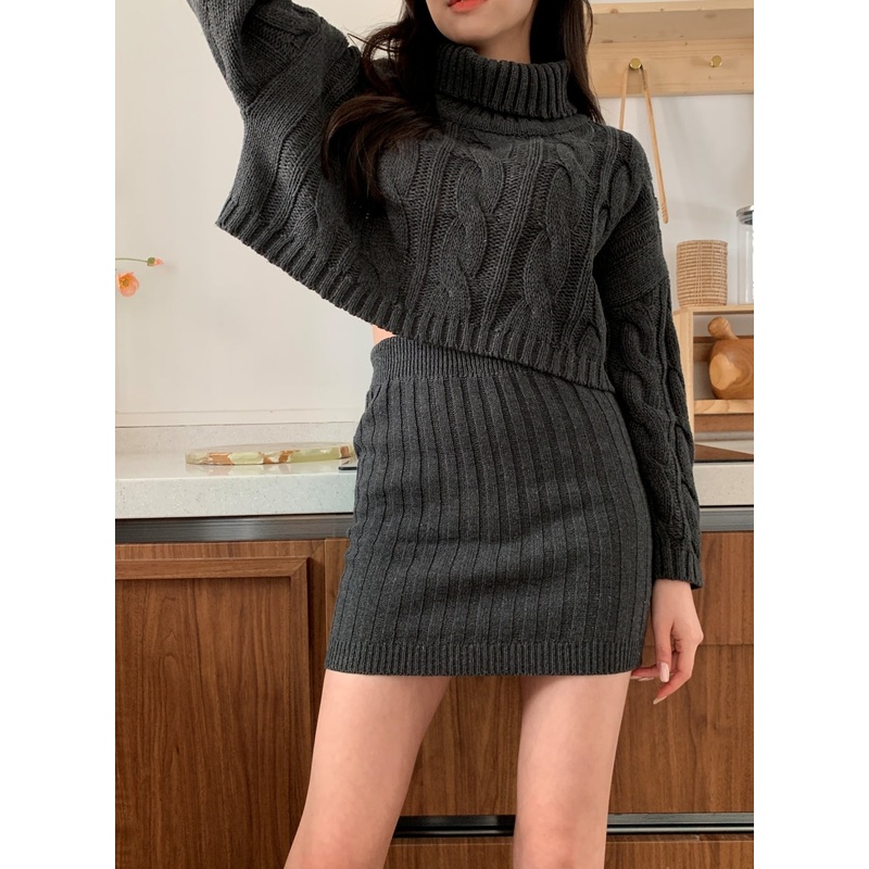 Cable Knit Turtleneck Top and Mini Skirt Set J31