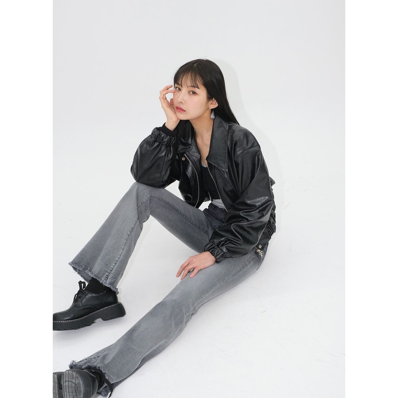 Faux Leather Crop Jacket J19|Cream|Black|S/M