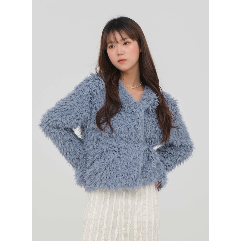 Fuzzy Wrap Tie Cardigan|Cream|Skyblue|Black|S/M