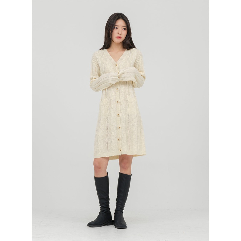 Knitted Knee Length Dress|Cream|Pink|S/M