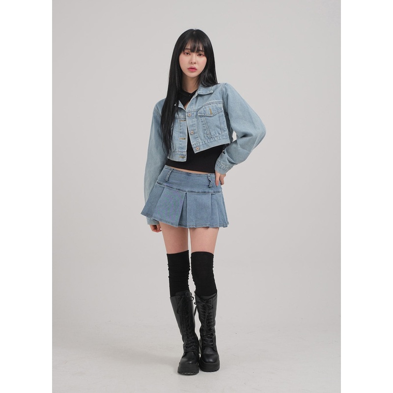 Low Rise Pleated Denim Mini Skirt C0302