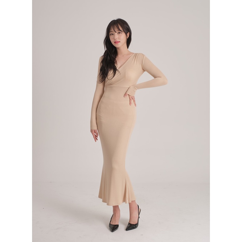 Maxi Wrap Mermaid Dress J31|Beige|Black|S