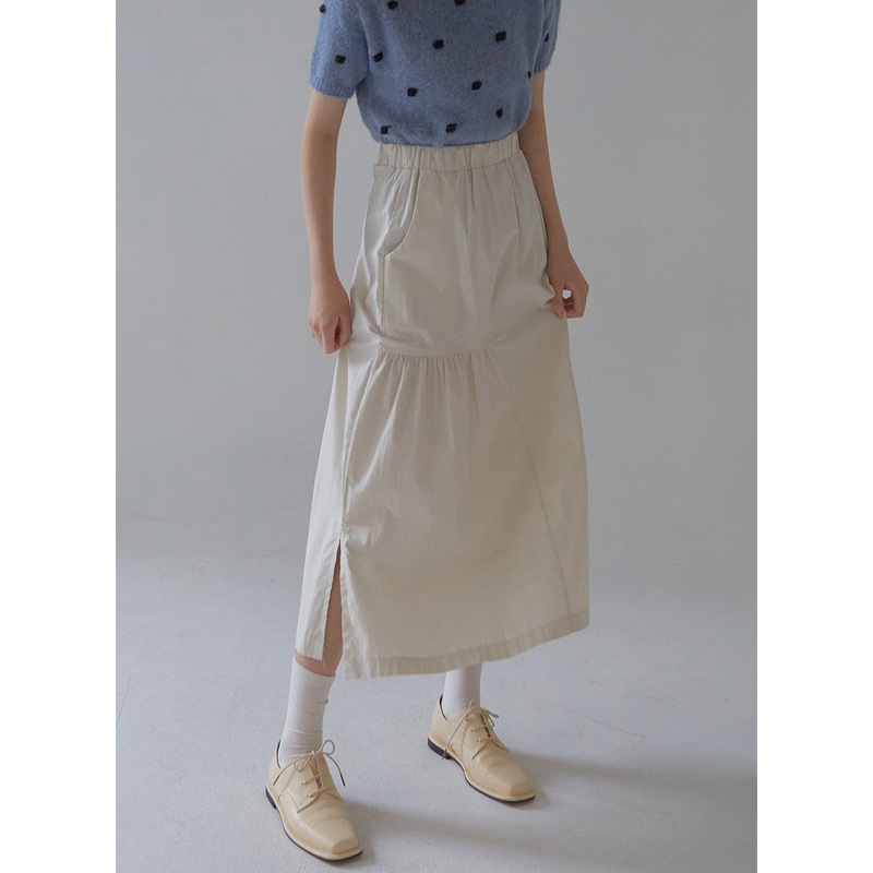Shirring Long Band Skirt|Ivory|Black