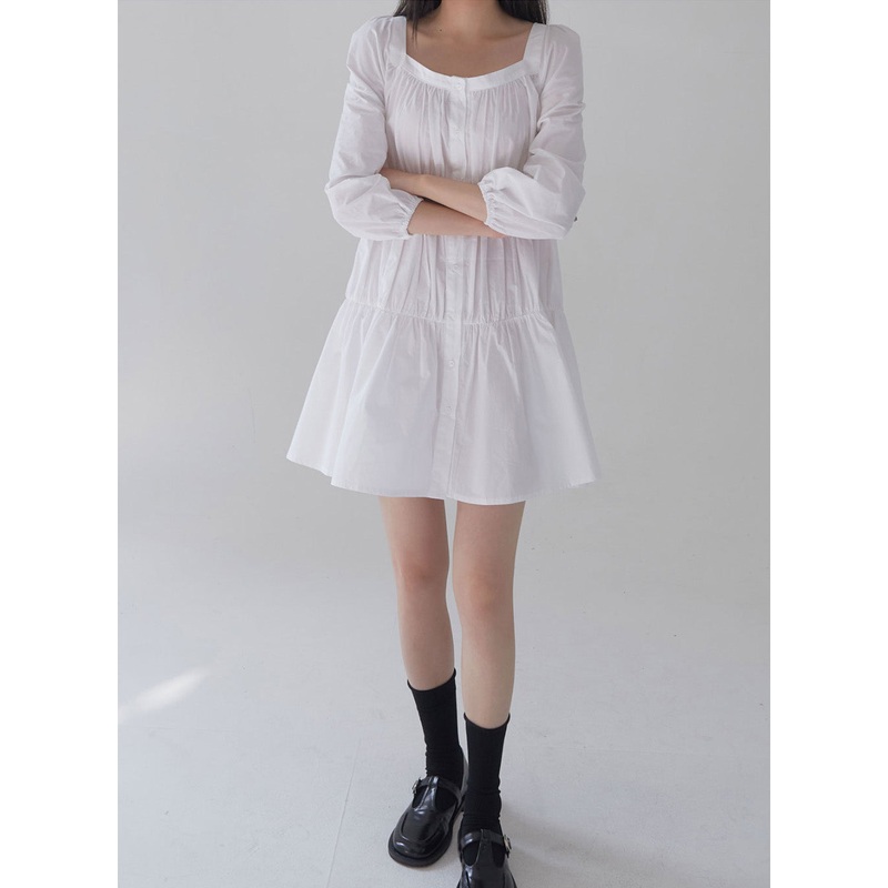 Square Neck Tiered Mini Dress|White|Black