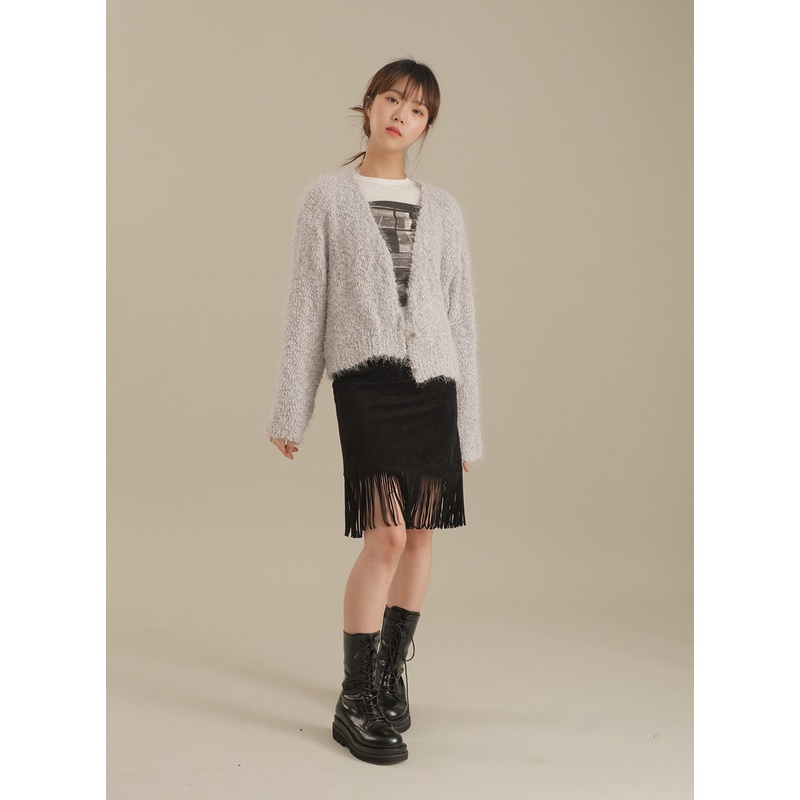 Tassel Hem Knee Length Skirt|Brown|Black|S|M|L