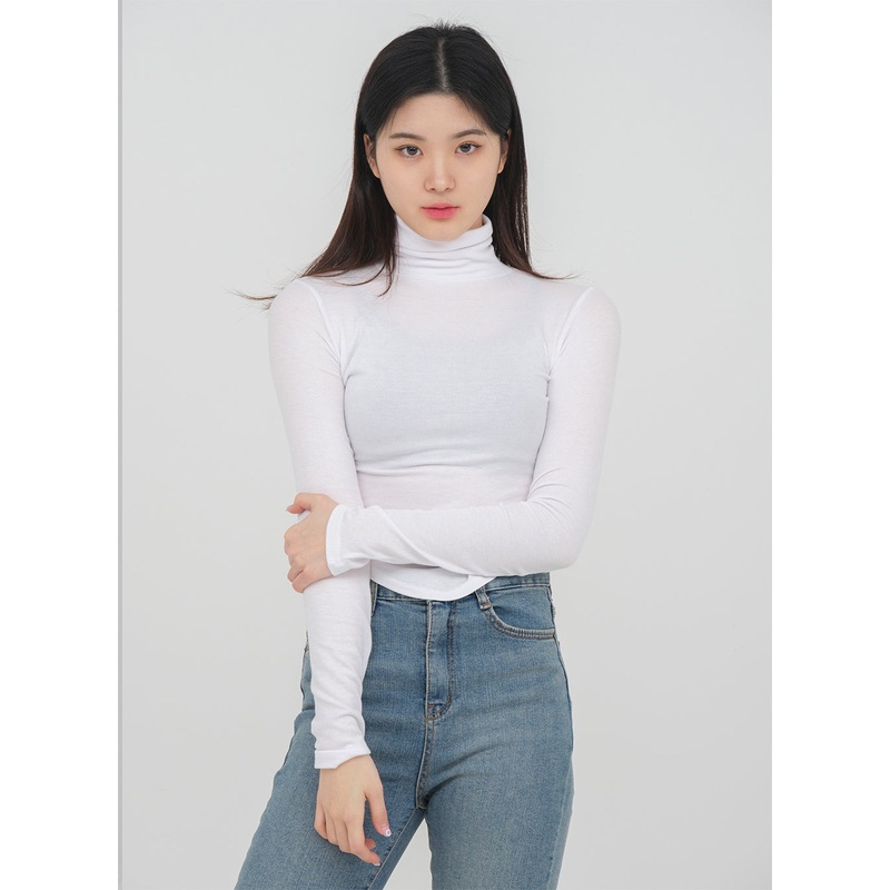 Unbalanced Hem Turtleneck Top|White|Brown|Gray|Black|S