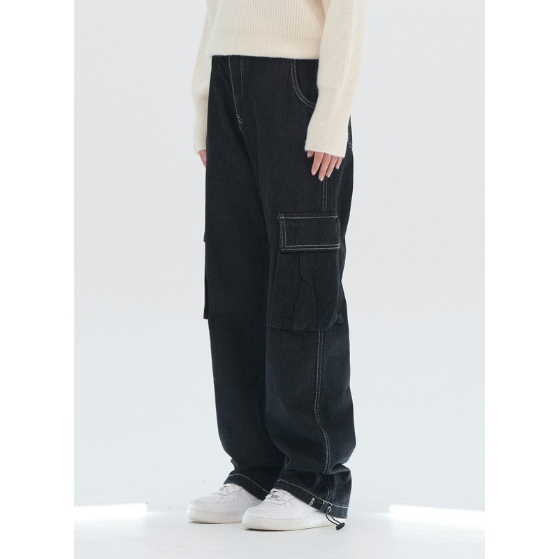 Wide Leg Denim Cargo Pants|Blue|Black|M|L