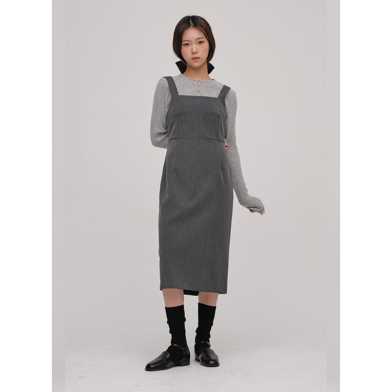 Wool Sleeveless Long Dress|Charcoal|Black
