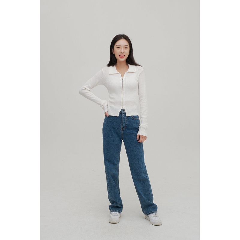 Zip Up Top with Collar F14|Black|Charcoal|Gray|Ivory|White|S