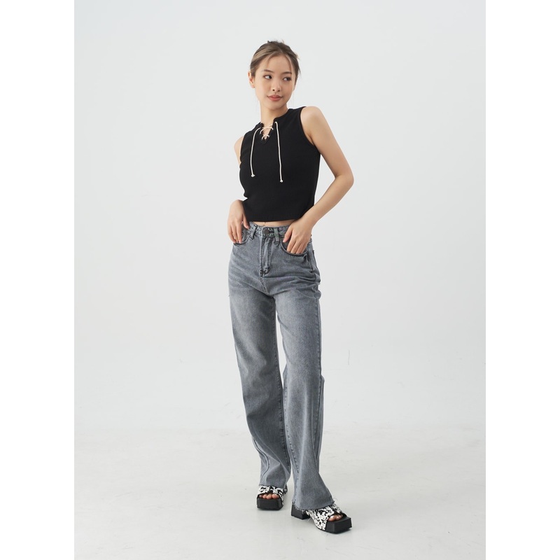 Back Slit Wide Leg Jeans CJ13|Gray|S|M|L