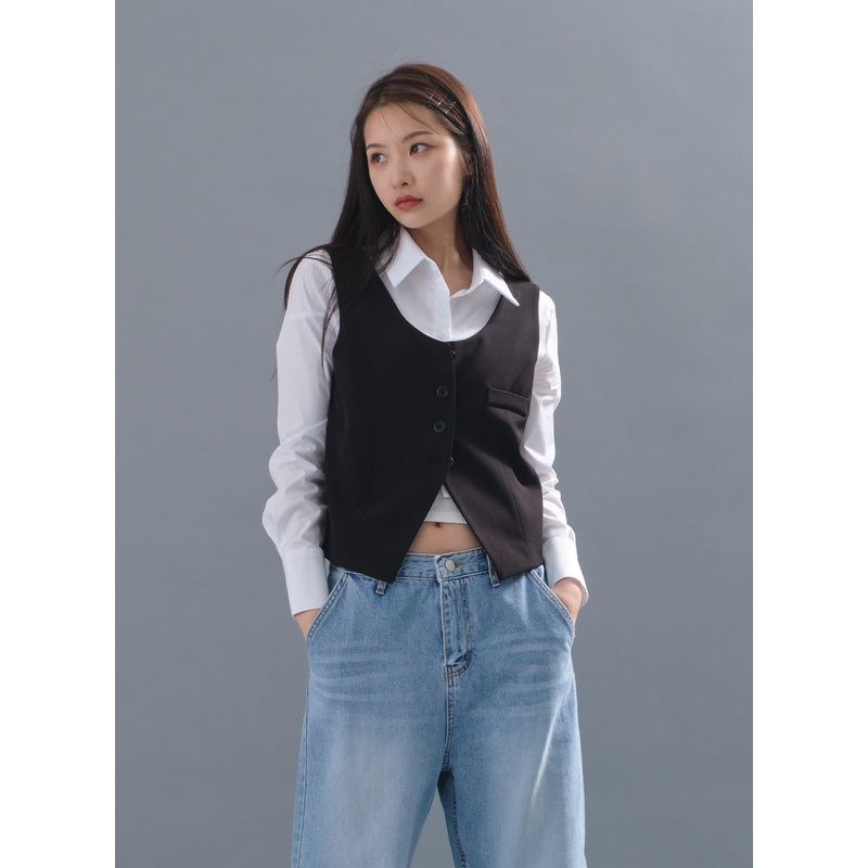 Cropped Button Down Vest CM3|Black|Beige|Charcoal|S/M