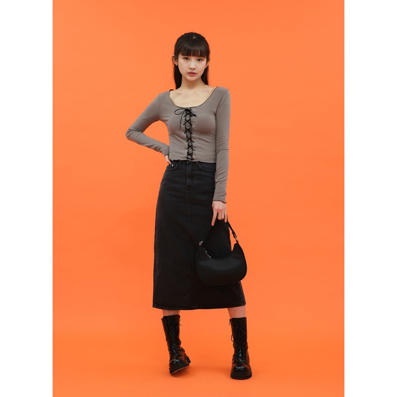 Cropped Long Sleeve Top with Front Lace Detail C1703