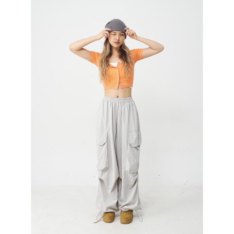 Drawstring Hem Long Wide Cargo Pants CJ21