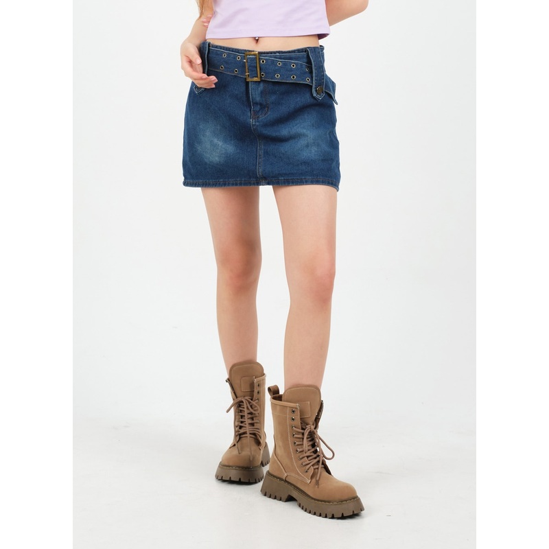 Low-Rise Bleached Denim Skorts and Belt Set CM02