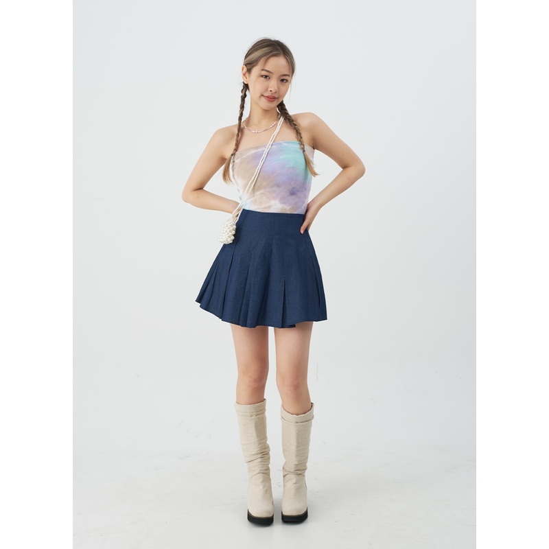 Pleated Denim Mini Skirt CJ08|Dark Denim|Light Denim|S