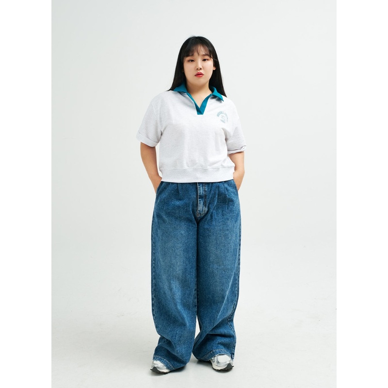 Plus Pintuck Wide Leg Denim Pants IY24