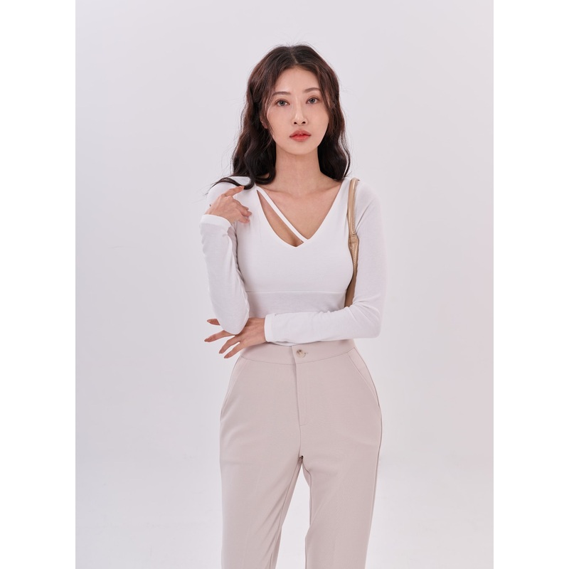 Asymmetric Neck Line Strap Long Sleeve T-Shirt IC15