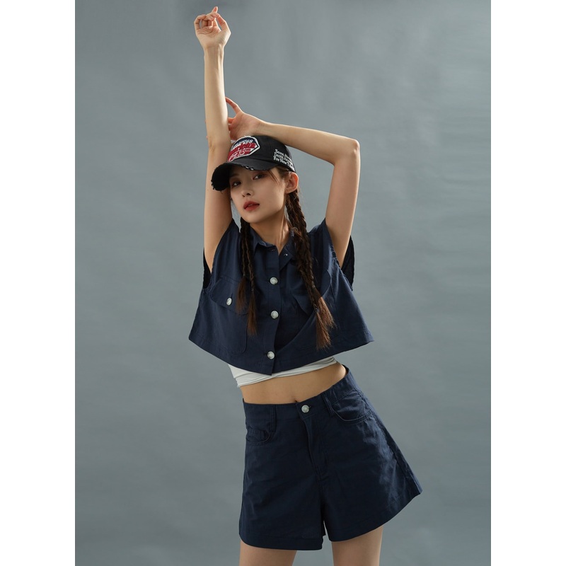 Linen Crop Shirt CU22|Light Beige|Dark Blue|S/M